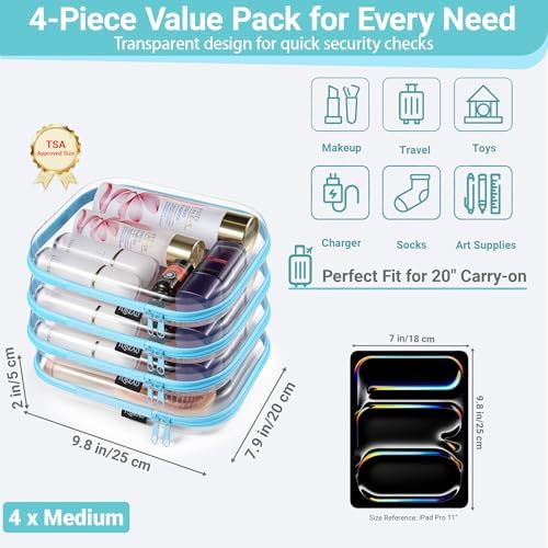YQBRAO Clear Hard Shell Zipper Cases, 4 Medium Makeup Organizers, Blue