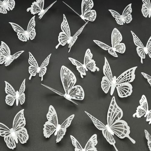 White Butterfly Wall Decals - 72 pcs 3D Butterflies Removable Mural Wall Stickers for Home Room Bedroom Decoration