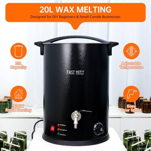 FAST MELT 20L Electric Wax Melter for Candle Making, 1400W Large Wax Melting Pot with Pour Spout, 30–110°C Temp Control, Stainless Steel Wax Heater with Heat Gun, Gloves & Measuring Cup, AC 120V