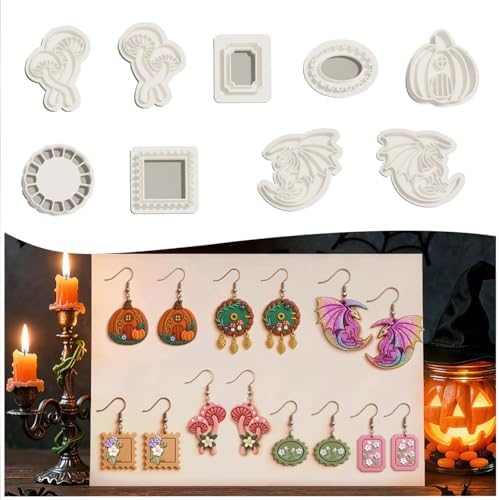 9 Pack Halloween Polymer Clay Cutters - Pumpkin/Mushroom/Flower/Oval Rectangle Geometry/Dragon, Ideal Polymer Clay Molds & Polymer Clay Earring Cutters for Christmas Jewelry Making