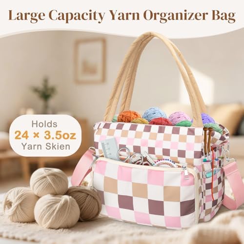 DALINDA Crochet Bag Organizer,Yarn Bag and Tote- Yarn Storage with Multiple Pockets for Crochet Supplies, Knitting Bag for Gifts,Portable & Durable(Beige Pink Plaid)