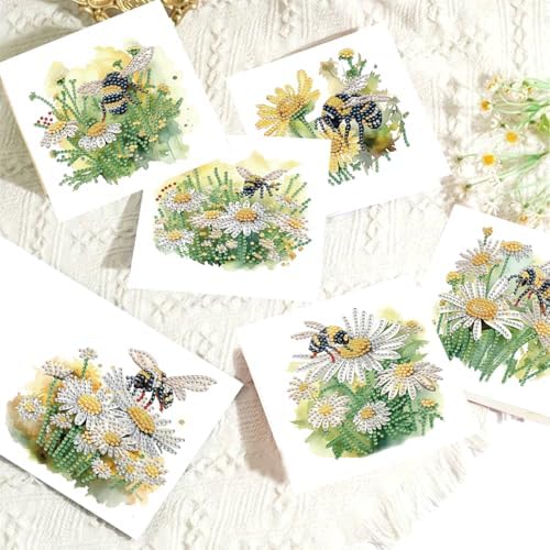 LSQFS 6PCS Daisy&Bee Floral Diamond Painting Greeting Cards with Envelopes
