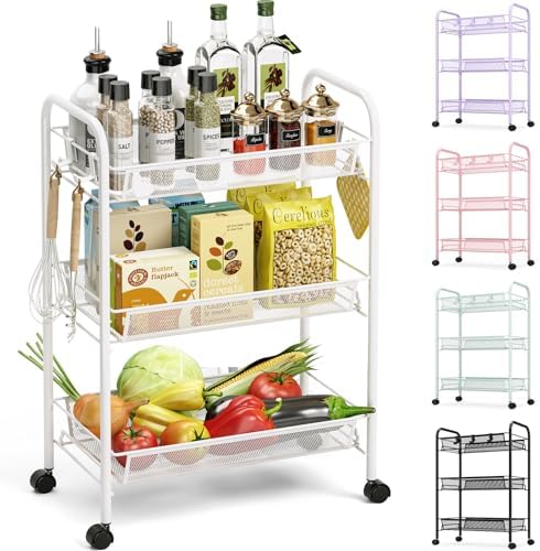 TOOLF 3 Tier Rolling Cart, Metal Utility Storage Cart with Wheels, White | 3 Hooks, Screwless Assembly, Trolley Organizer for Bathroom, Kitchen, Office, Nursery, Dorm, Laundry Room