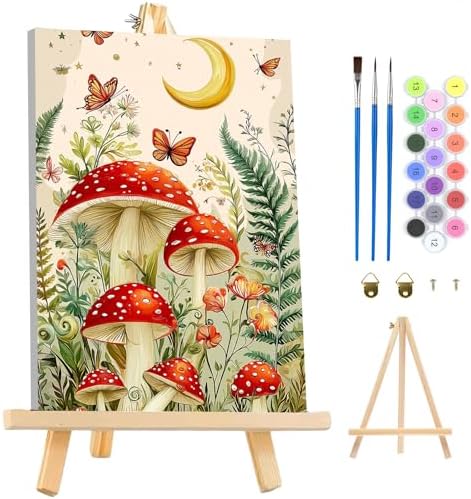 MAXBYE Mushroon Paint by Numbers Kit for Adults with Frame and Wooden Easel, Easy Moon Painting Numbers Art Kits on Canvas, DIY Forest Acrylic Painting Kit for Gift Home Wall Garden Decor 10×14 in