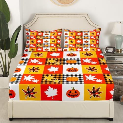 Halloween Pumpkins Bed Sheet Set Twin Size Fall Theme Checker Mattress Cover Farmhouse Style Grid Sheets for Boys Girls Bedroom Yellow Orange White with Flat,Fitted Sheet Pillowcase 3Pcs