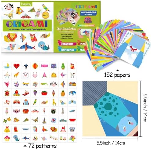 hapray Origami Kit for Kids 5-12, 152 Origami Paper Kit with Origami Book | DIY Art and Craft Projects with 72 Patterns, Video Tutorial & book, Beginners Origami Kit for Kids 5-8 8-12, Gifts Boy Girl