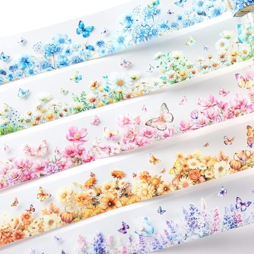 Gilprop 5 Rolls Floral Washi PET Tape Set Flower Butterfly Scrapbook Junk Journal Supplies, Clear Decorative Tape Stickers DIY for Arts Crafts Bullet Planner, 50mm Wide x 78. 74 Inch Long/roll