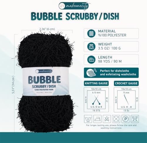 Makromecity Bubble Scrubby Yarn - 100% Premium Polyester Yarn for Crocheting and Knitting - 3.5 Oz (100g), 98 Yds (90m) - Ideal for Dishcloths, Crafting & Bath Washcloths (Black, 3 Skeins)