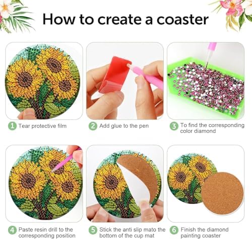 Diamond Art Coasters Kit, 8 Pieces Sunflowers Diamond Painting Coasters Kit