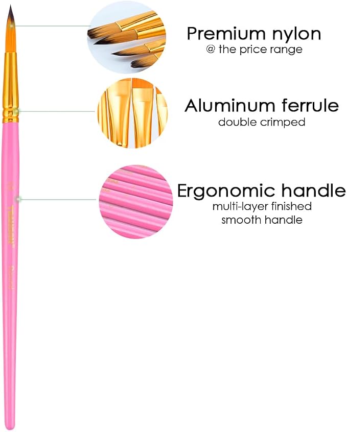 Transon Artist Paint Brush Set of 12 for Acrylic Watercolor Gouache Oil Craft Painting Pink