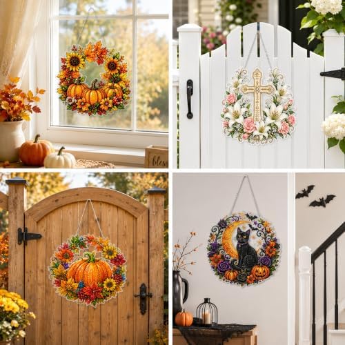 Halloween Diamond Art Hanging Kits for Adults Beginners, DIY Acrylic 5D Special Shaped Crystal Diamond Gem Art Painting for Window Pendants Home Garden Wall Hanging Kits Hanging Ornament (Style E)