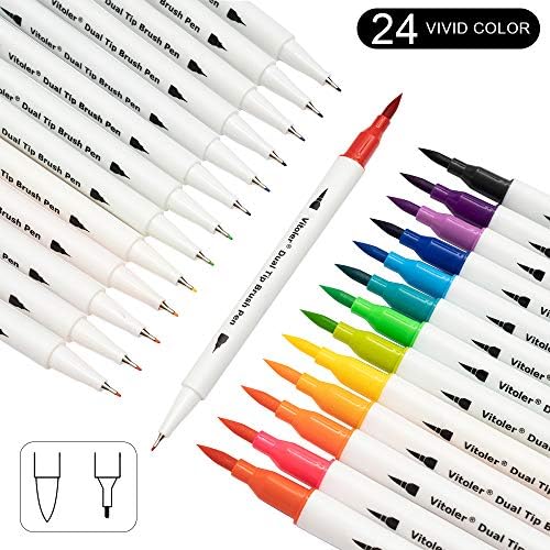 Vitoler Colored Markers Highlighters Dual Tip Brush Pens,Fine Tip Markers & Fine Point Art Pens for Adult Coloring Drawing Planner Art Craft Supplies (24 Brush Pens Set)