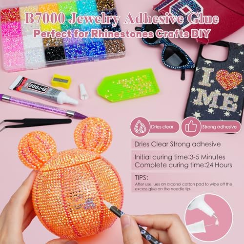 30000Pcs Nail Art Rhinestones, EARLMONI 24 Colors 3mm Flatback Rainbow Gems Resin Jelly Rhinestones Bedazzling Kit + 15ML Jewelry Glue Nail Rhinestone Picker Tool for DIY Crafts Clothes Shoes Nail Art