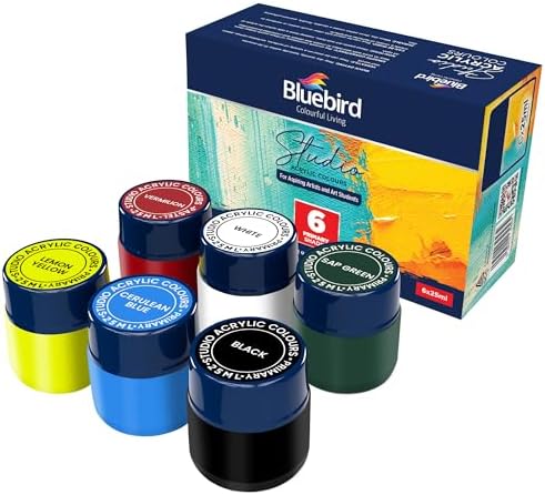 BLUEBIRD Studio Acrylic Paints, Primary Colors, 6-Pack 0.85 Fl Oz each, Basic Acrylic Paint For Students & Beginner Artists