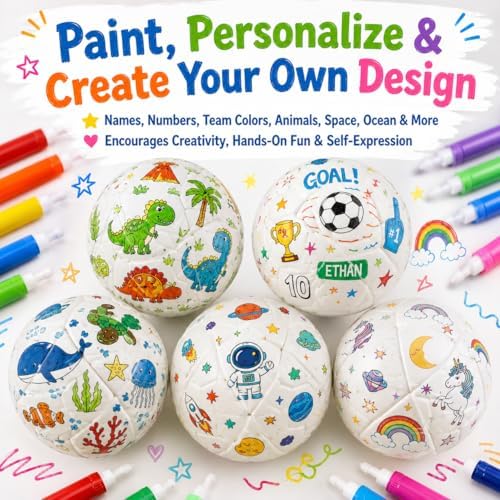 24 Set Paint Your Own Soccer Ball Kit, Blank White Inflatable Soccer Balls with Acrylic Markers, Pumps, Display Stands and Hanging Nets, DIY Soccer Ball Craft Set for Team Events and Party Activities