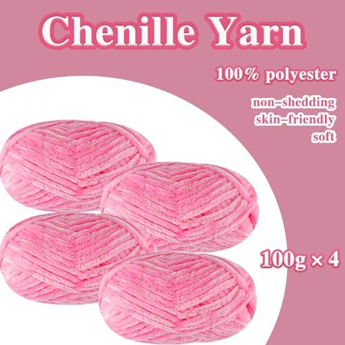 4 PCS 400g Soft Chenille Velvet Yarn for Crocheting,Fluffy Warm Yarn for Knitting and Crochet DIY Craft Blanket Bag Hat Scarve Clothe Gloves Slippers Doll (Pink)