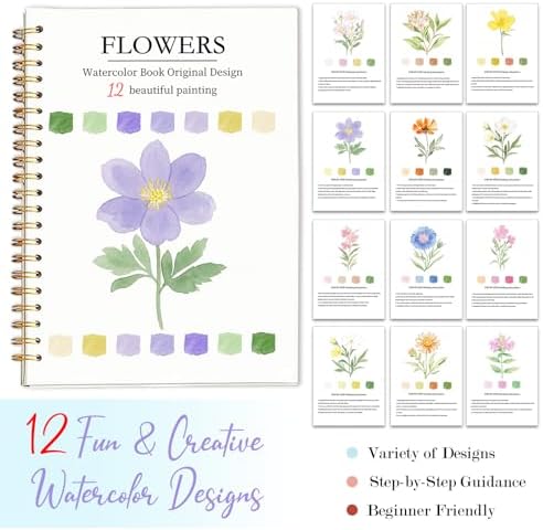 Easy Watercolor Workbook for Beginners - 12 Beautiful Step-by-Step Paintings Water Coloring Book, Includes 16 Watercolors Set, Relaxing Art Projects and Creative Gift for Adults & Teen (Flowers)