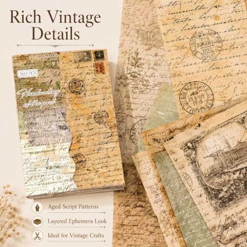 160 Sheets Vintage Scrapbook Paper Pack, Lightweight Decorative Paper Unique Designs, Junk Journal Supplies for Scrapbooking, Journaling, Decoupage, Collage, Card Making and DIY Crafts