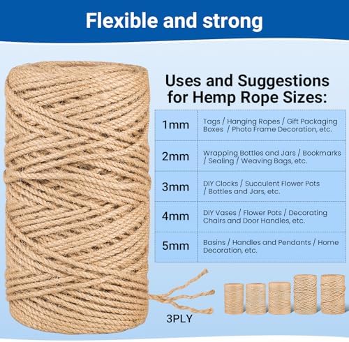 Natural Jute Twine String 1mm x 1312ft Bulk Jute Rope for Crafting, Gardening, Gift Wrapping - Brown Decorative Cord for Cat Scratching Posts, DIY Projects