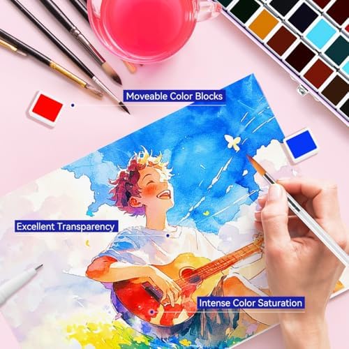 52 Colors Watercolor Paint Set for Adults, Vibrant Travel Water Colors Kit with Metallic Shades, Includes Brush, Pencil, Sponge, 5 Watercolor Papers & Black Pen, Portable, Purple Case