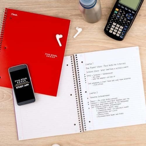 Five Star Spiral Notebook + Study App, 5 Subject, College Ruled Paper, 8-1/2" x 11", 200 Sheets, Fights Ink Bleed, Water Resistant Cover, Fire Red (72077) (Pack of 2)