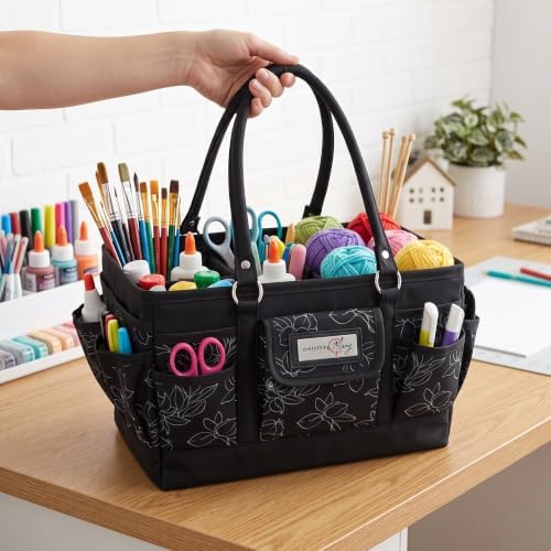 Everything Mary Deluxe Store & Tote Organizer – Black & White Floral Craft Bag with Handle – Collapsible Storage for Scrapbooking, Sewing, DIY Tools & Art Supplies