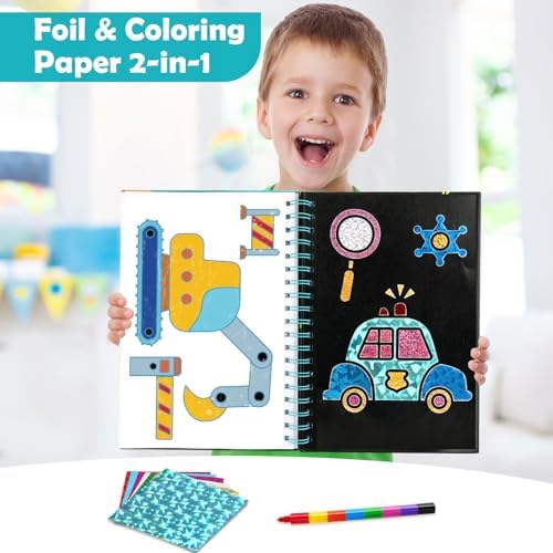 FUNNYB&G Foil Art Craft Kit for Kids, Sparkly Birthday Gift Toy for Boys | No Mess, Kids Ages 4-10 Create Sparkling Artwork, A Creative Gift for Birthdays, Holidays, Travel Activities,Screen-Free Fun