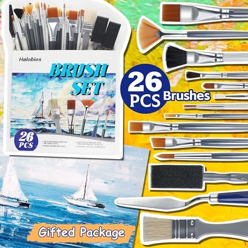 Halobios 26PCS Painting Brushes Set, 5 Sets of Professional Painting Brushes for Acrylic Painting, Artist Paintbrushes for Body Face Rock Canvas, Children Adult Drawing Arts Crafts Supplies