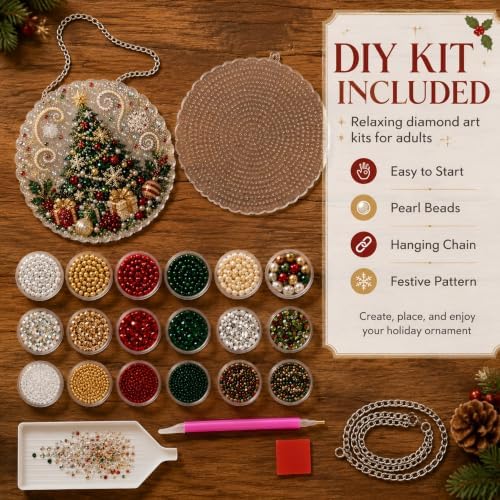 Christmas Pearl Diamond Painting Suncatcher Kit, Pearl Diamond Art Kits for Adults | 3D Mixed-Sized Christmas Bead Art Craft with Acrylic Round Board for Home Decor and Holiday Gifts (Style C)
