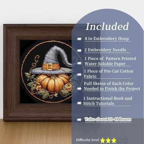 FONNUY Pumpkin Embroidery Kit for Beginners, Pre-Stamped Pattern Kits for Adults with Hoop, Easy to Follow Color Thread Needlework, 8'' Hoop (Witch Hat 1)