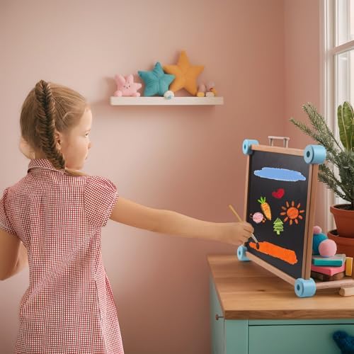 Wooden Kids Art Easel, Double-Sided Tabletop Easel for Painting with Magnetic Letters Numbers, Magnetic Drawing Board for Toddlers for Boys and Girls 3+