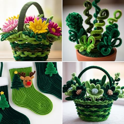 Caydo 300 Pieces Green Pipe Cleaners for Flower Making, Thick Fluffy Chenille Stems Bulk Kids Creative Arts & Crafts Projects