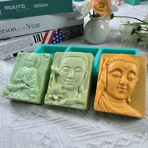 3 Cavity Buddha Silicone Soap Mold - 3D Buddha & Lotus Soap Making Mold for Homemade Soap, Candles & Crafts - Non-Stick Reusable Silicone Craft Mold