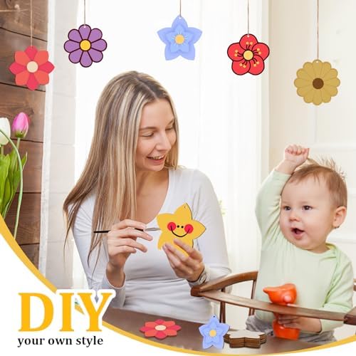 Flower 30pc 5Types Unfinished Wooden Gift Ornaments DIY Craft Birthday Present - Paintable Blank Natural Flower Cutouts Hanging Wood Slices for Kids Art Crafts DIY Gift Party Supplies