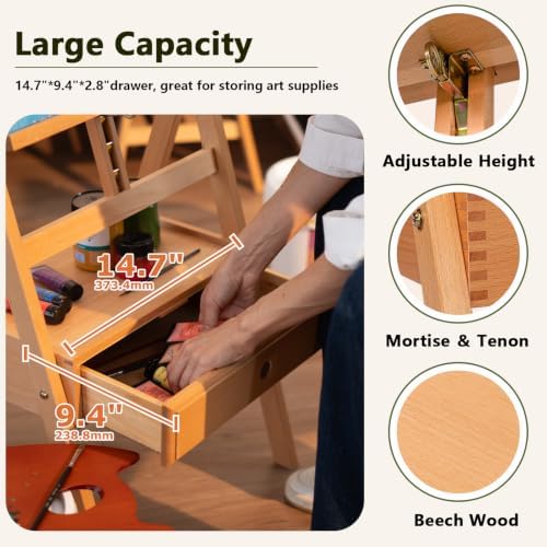 DJAR Solid Beech Wood H-Frame Art Easel with Storage Drawer, Natural | Artist Painting Stand for Adults, Holds Canvas up to 36", Main Mast Adjustable to 75", Great for Home Studios & Classroom