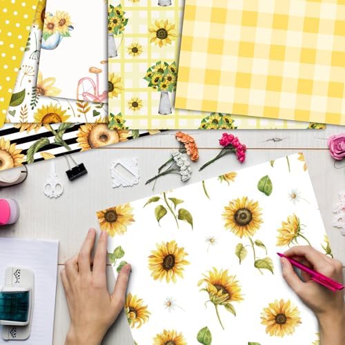 48 Sheets Sunflower Scrapbook Paper,Sunflower Pattern Decorative Scrapbook Paper for Journals DIY Cards and Photo Albums,Aesthetic Craft Supplies