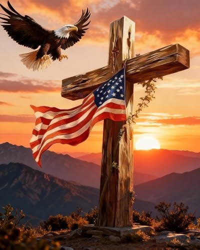 Independence Day Paint by Numbers Kit for Adults Beginner,4Th of July Acrylic Paint by Number Kits on Canvas,Bald Eagle and Cross Digital Oil Painting Art Kits for Home Decor without Frame 16x20 Inch.