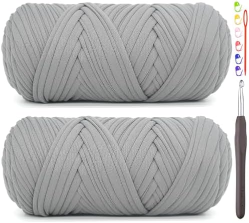 2 Pack Tshirt Yarn for Crocheting,Grey T Shirt Chunky Elastic Fabric Thick T-Shirt Crochet Yarn for Beginners Crocheting Hand Knitting Bag/Basket/Coasters/DIY Crafts/Home Decor 2 * 200G(Grey