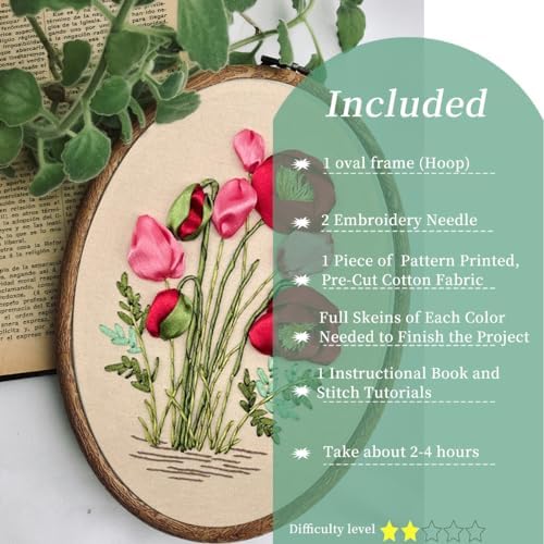 FONNUY Ribbon Embroidery 3D Flowers Pattern Design Kit Embroidery DIY Handwork Set Oval Home Decoration (Red Rose)