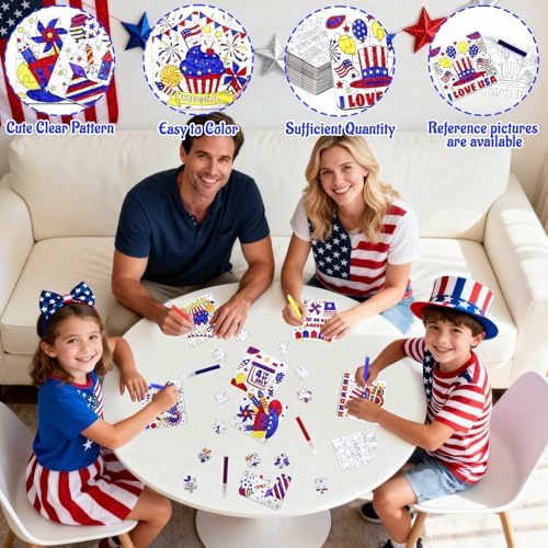 24 Sets 4th of July Patriotic Crafts for Kids, Independence Day Crafts Activities DIY Puzzle Kits Red White Blue Flag Star Memorial Day Jigsaw Painting Arts for Party Favors Gift Supplies Coloring Toy