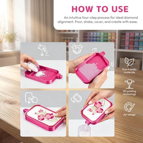RaySoar 3D Printed Diamond Art Trays with Lids, High Edge Anti-Spill Rhinestone Tray with Exquisite Pattern for Diamond Art Accessories - Hot Pink