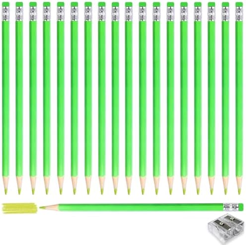 Adhere 25pcs Checking Pencils Erasable colored Pencils Pre-Sharpened #2 HB,for Checking Tests Grading,Map Coloring, editing Office Favors,including a Free sharpener. (Yellow Green)