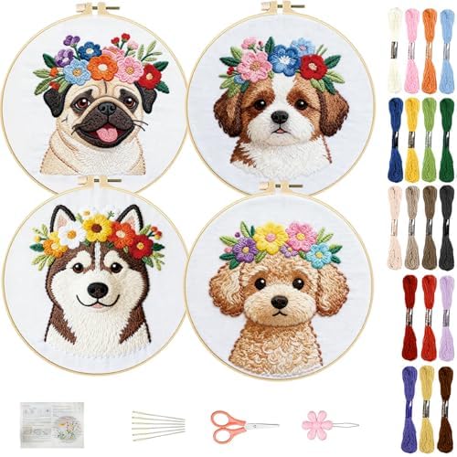 FREEBLOSS 4 Set Embroidery Kit Dog and Flower Stamped Embroidery Starter Kit with Step By Step Instructions, Colored Threads, 2 Hoops, Needlepoint Kits for Hand Craft Lovers Gift, 30cm/11.8inch