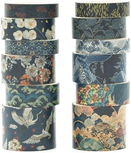 12 Rolls Kyoto Charm Washi Tape Set Japanese Arts Adhesive Tapes Geometric Garden Decorative Masking Tape Sets for Craft, Kids, Scrapbook, DIY, Gift Wrapping (Azure Tranquility)