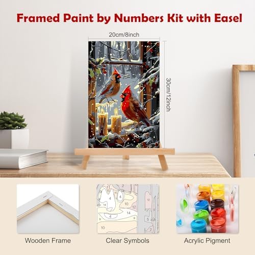 MOGTAA Christmas Cardinal Paint by Numbers Kit for Adults Beginners with Frame, Winter Adult Paint by Number Kits on Canvas with Easel, Easy DIY Candle Oil Painting Kits for Home Decor, 8x12in