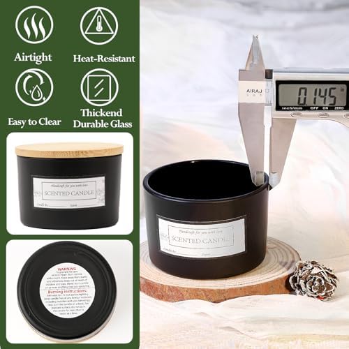 CONNOO 15 Pack 4oz Matte Black Glass Candle Jars with Airtight Bamboo Lids