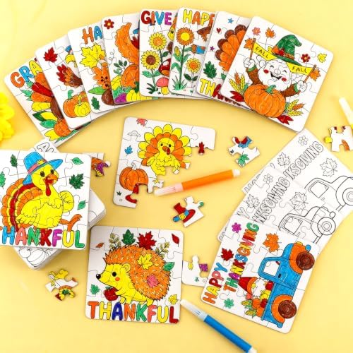 24Set Fall Thanksgiving Crafts for Kids Toddlers Adults, Thanksgiving Art Craft DIY Kit Blank Puzzle Pumpkin Turkey, Autumn Classroom Activities for Party Favors Gift Coloring Games Toys Supplies Bulk