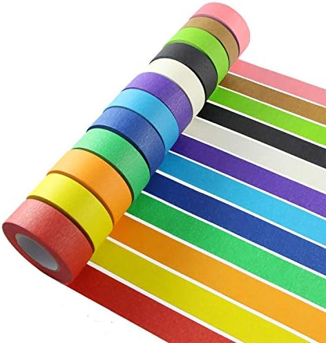 Feeke Colorful Masking Tape,Decorative Colored DIY Tape for Arts & Crafts, Labeling or Coding - Art Supplies for Kids - 12 Different Color Rolls, 1 Inch x 16 Yards, Small