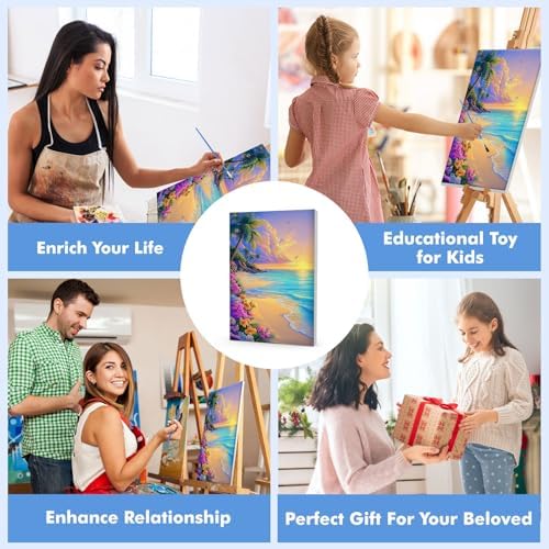 Bowetile Framed Paint by Numbers Sea for Adults Beginners, Adults' Paint-by-Number Landscape Kits, Easy Adult Paint by Number Kits on Canvas, Acrylic Number Painting for Home Decor, 8x12in