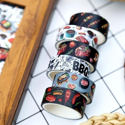 12 Rolls Watercolor BBQ Themed Washi Tape Set,6 Design Grilling Decorative Tape Summer Food Theme Masking Tape for Journaling Supplies, Scrapbooking, DIY Arts & Crafts, Planner, Gift Wrapping